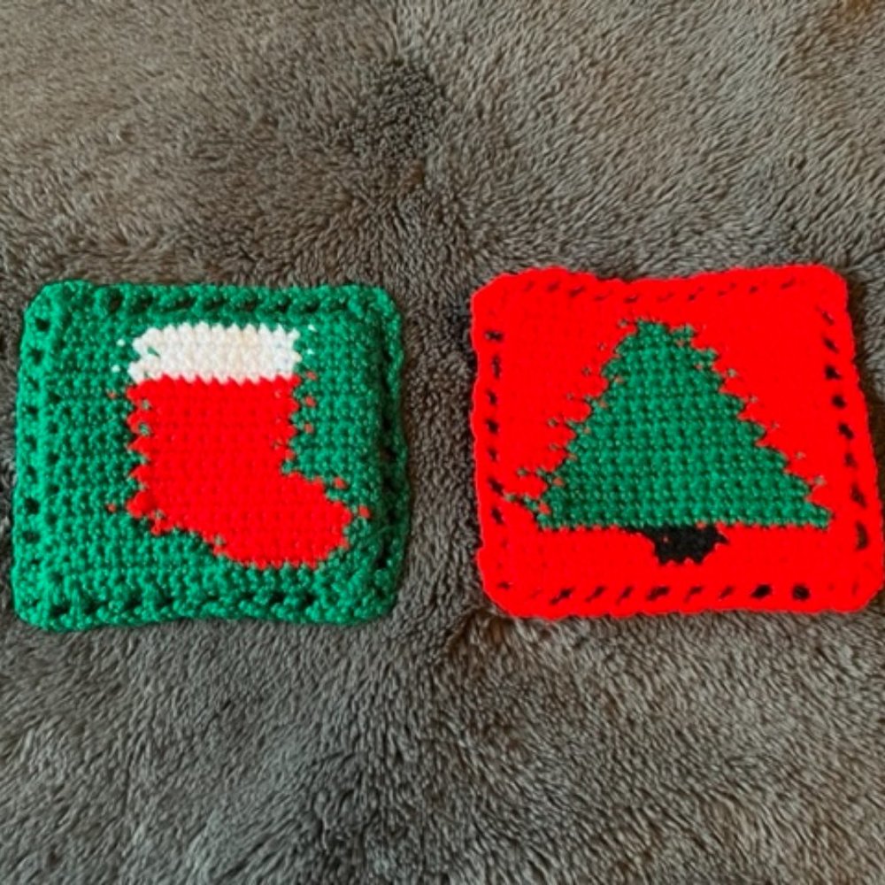 Handmade Crocheted Christmas Coasters Set of 2 Stocking & Tree Holiday Decor